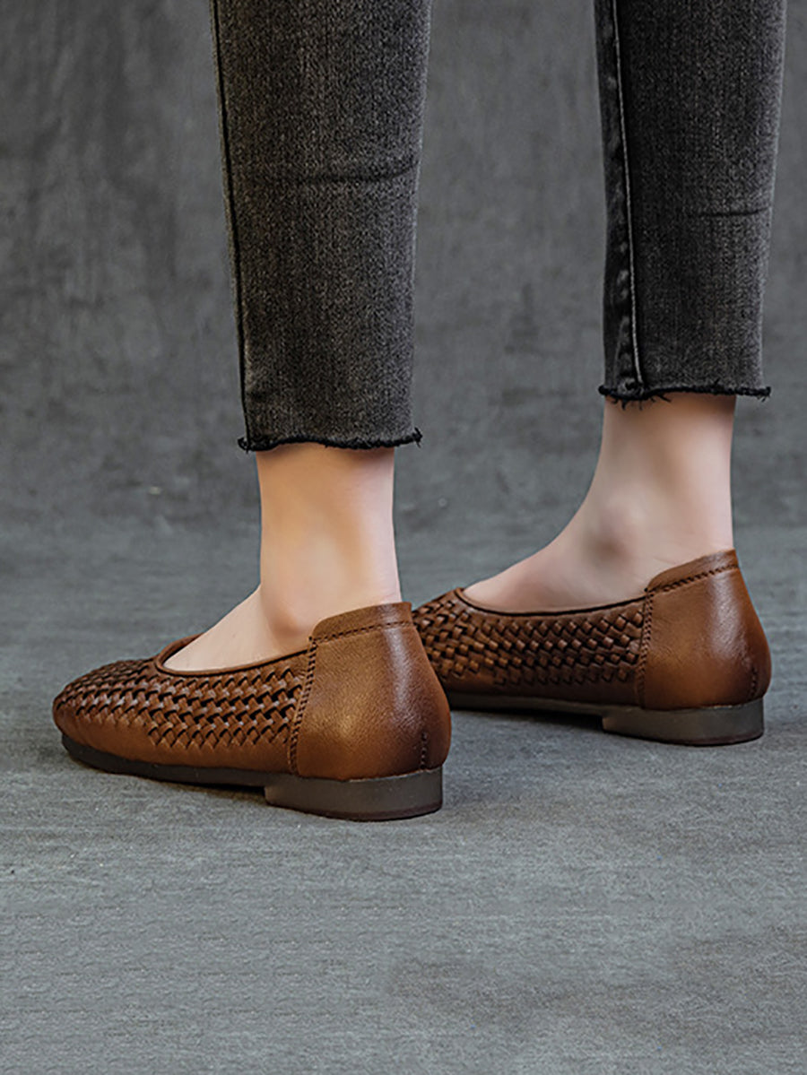 Women Summer Vintage Leather Weave Low Heel Shoes