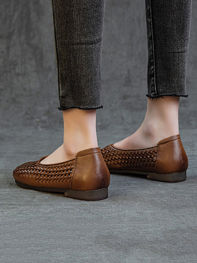Women Summer Vintage Leather Weave Low Heel Shoes