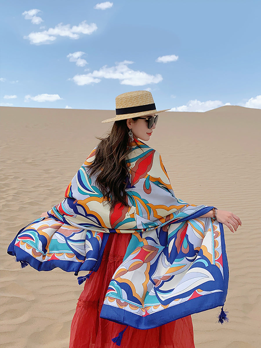 Women Ethnic Print Tassel Shawl Scarf