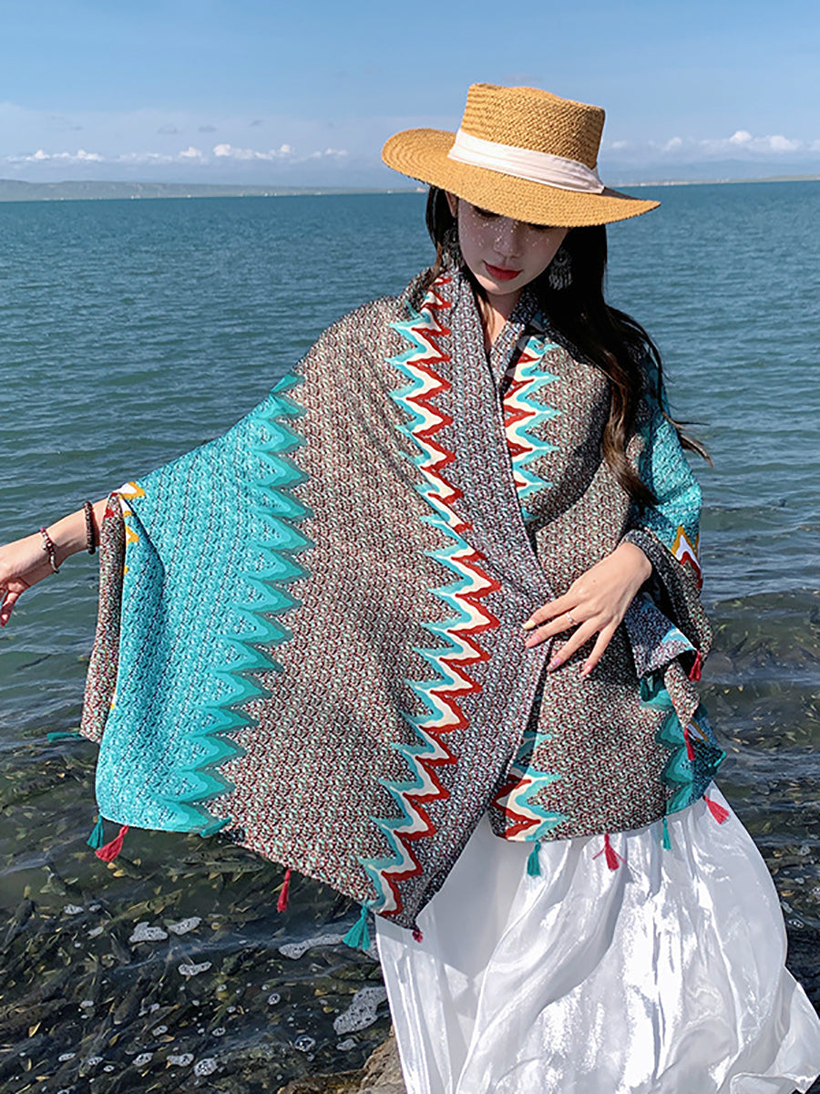 Women Ethnic Print Tassel Shawl Scarf