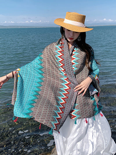 Women Ethnic Print Tassel Shawl Scarf