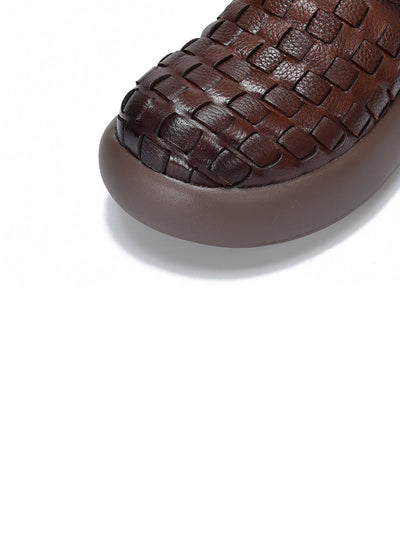 Women Genuine Leather Weave Platform Slippers