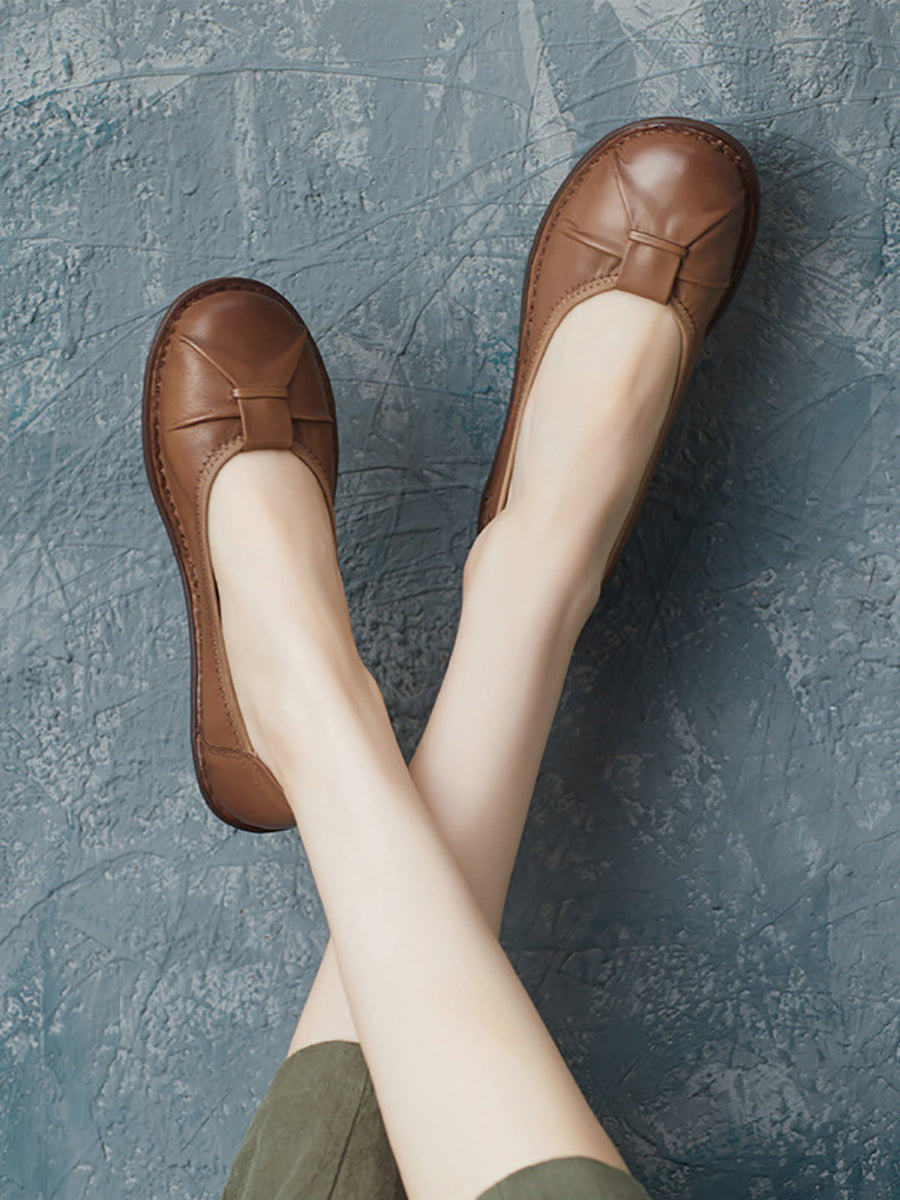 Women Ethnic Pure Color Genuine Leather Low Heel Shoes