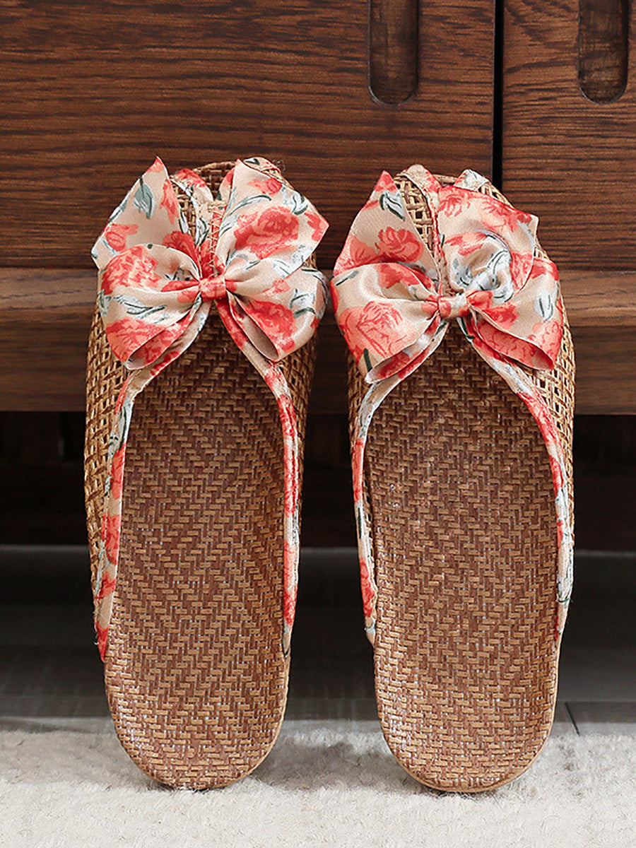 Women Ethnic Straw Weave Flower Bowknot Indoor Slippers