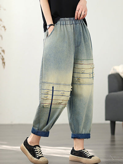Women Retro Frayed Denim Harem Pants