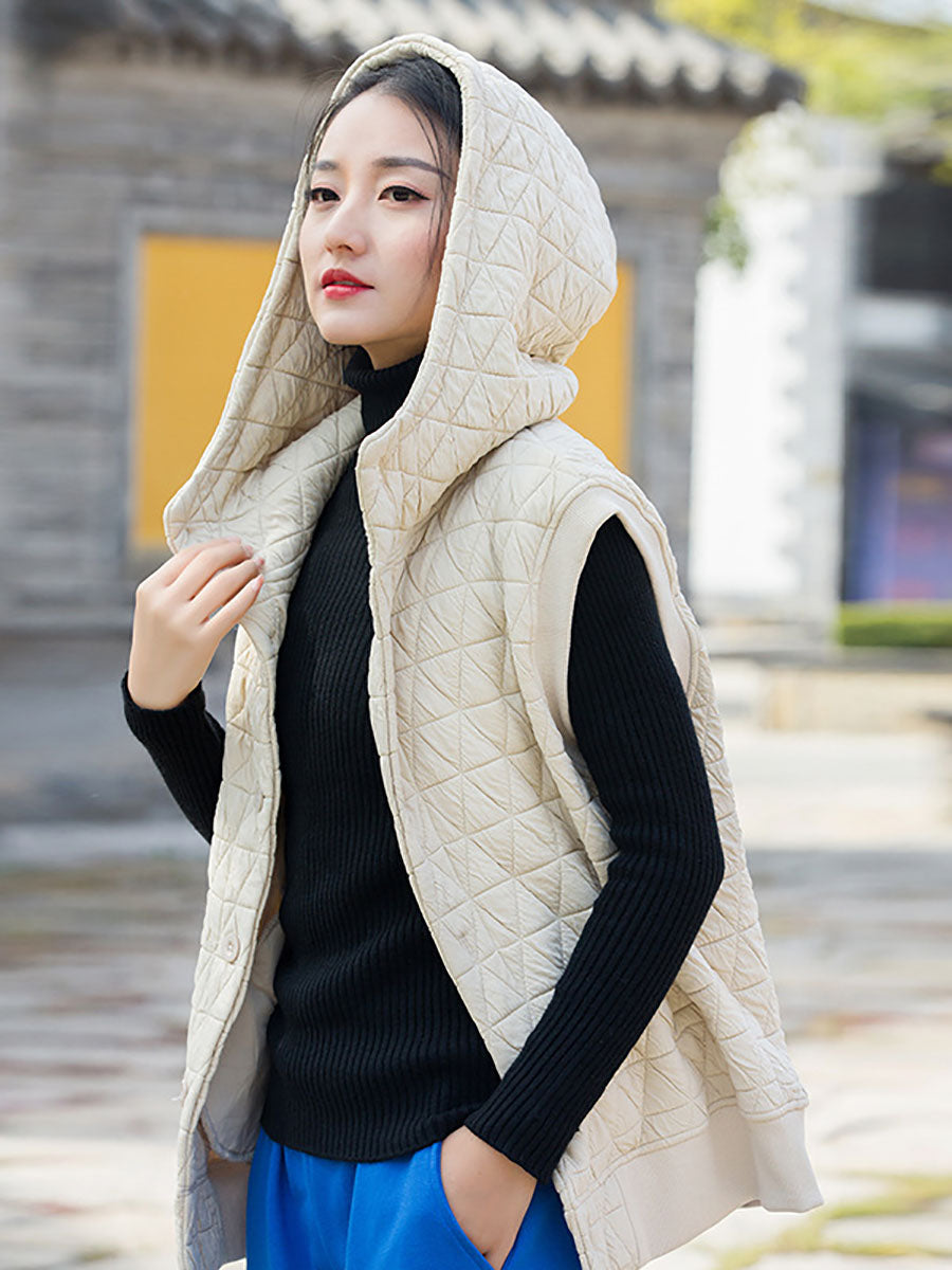 Women Winter Artsy Solid Button Pocket Hooded Vest