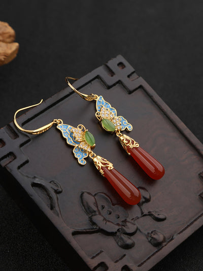 Women Ethnic Jade Enamel Butterfly S925Silver Earrings