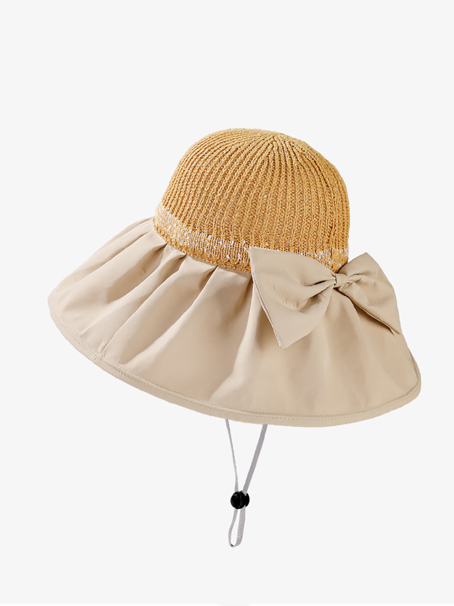 Women Summer Spliced Bowknot Large Brim Sunproof Hat