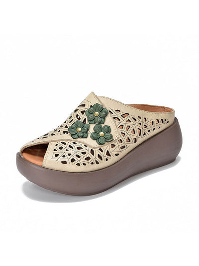 Women Ethnic Flower Leather Hollow Out Platfrom Slippers