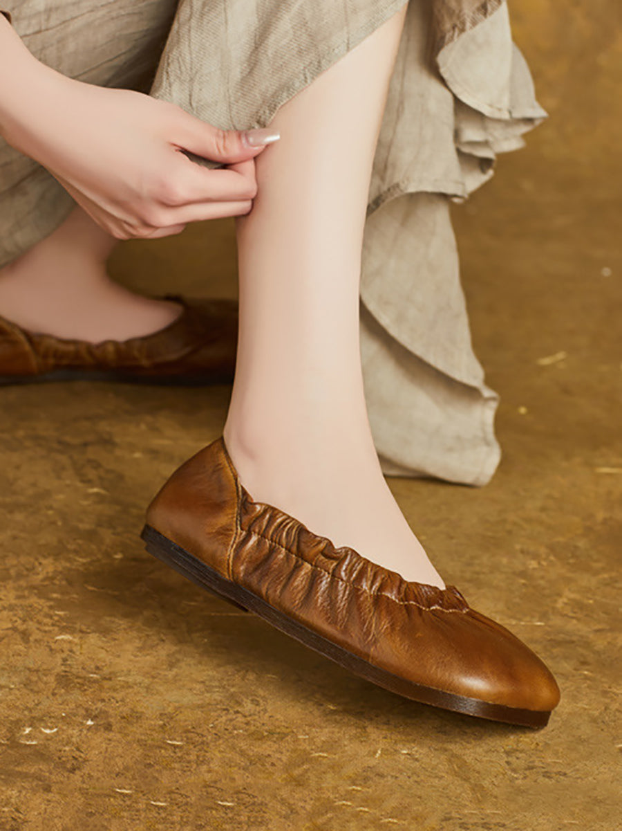 Women Summer Pure Color Soft Leather Flat Shoes