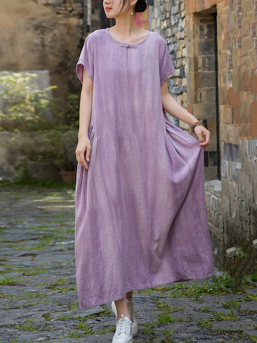 Women Summer Artsy Pure Color O-Neck Linen Dress