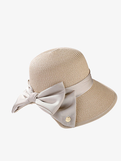 Women Straw Weave Stain Bowknot Sunproof Hat