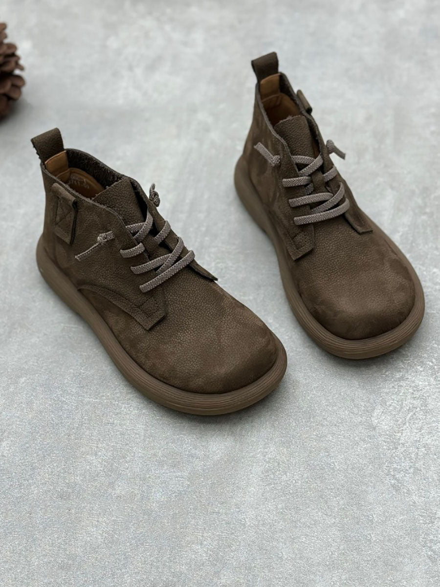 Women Vintage Genuine Leather Strap Low Heel Boots