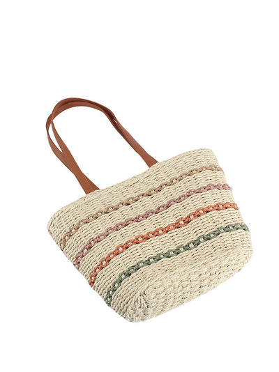 Women Fashion Colorblock Straw Weave Shoulder Bag