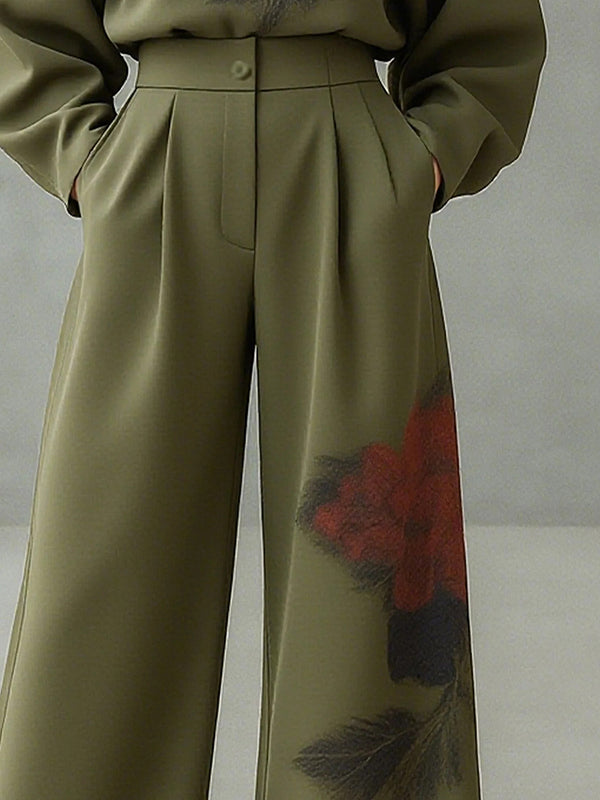 Loose Wide Leg Floral Printed Pleated Split-Joint Pants Trousers