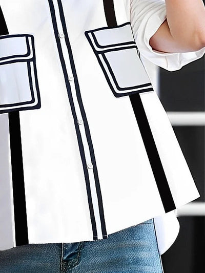 A-Line Half Sleeves Buttoned Contrast Color Pockets Mock Neck Blouses&Shirts Tops