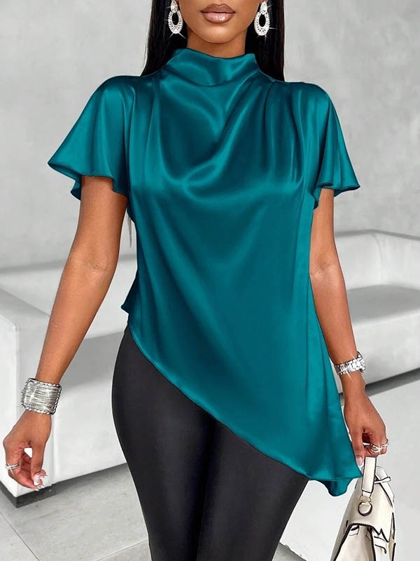 Loose Short Sleeves Asymmetric Solid Color Mock Neck Blouses&Shirts Tops