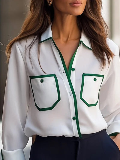 Long Sleeves Loose Buttoned Contrast Color Pockets Lapel Blouses&Shirts Tops