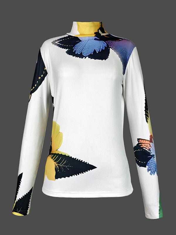 Long Sleeves Skinny Flower Print High Neck T-Shirts Tops