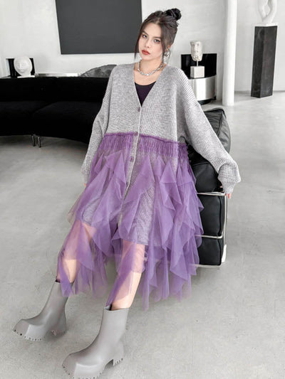 High-Low Irregularity Buttoned Contrast Color Mesh Pleated Ribs Split-Joint Collarless Cardigan Tops Outerwear