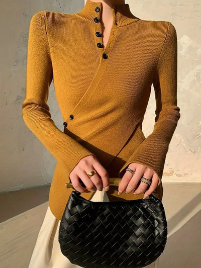 Long Sleeves Asymmetric Split-front Split-Joint V-neck Sweater Tops