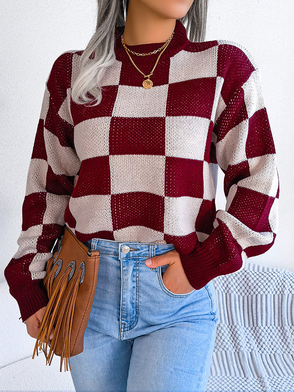 Long Sleeves Loose Contrast Color Plaid Round-Neck Sweater Tops