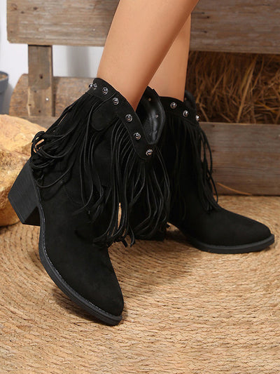 Pointed-Toe Rivet Split-Joint Tasseled Boots