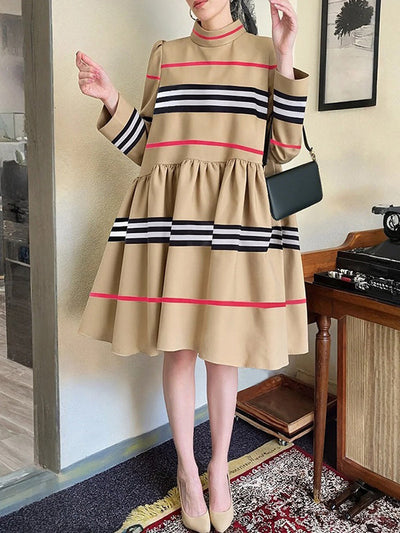 A-Line High Waisted Contrast Color Pleated Striped Zipper Mock Neck Midi Dresses