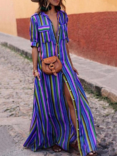 Long Sleeves Loose Split-Joint Striped Lapel Maxi Dresses Shirt Dress