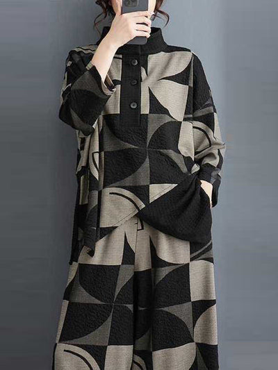 Long Sleeves Asymmetric Buttoned Printed Stand Collar Sweatshirt Top + Harem Pants Pants Bottom Two Pieces Set