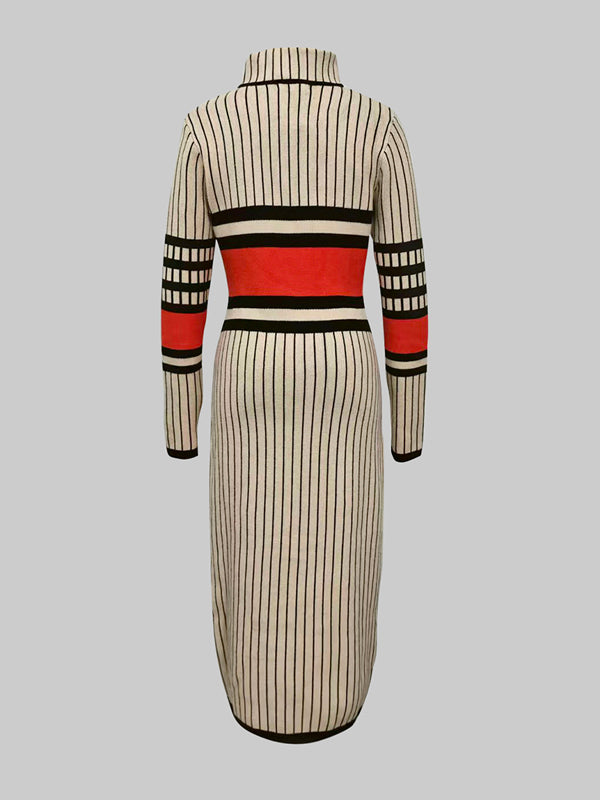 Long Sleeves Skinny Contrast Color Striped High Neck Midi Dresses Sweater Dresses