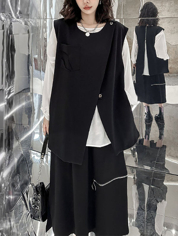 Loose Sleeveless Asymmetric Zipper Round-Neck Vest Top
