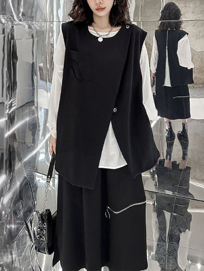 Loose Sleeveless Asymmetric Zipper Round-Neck Vest Top