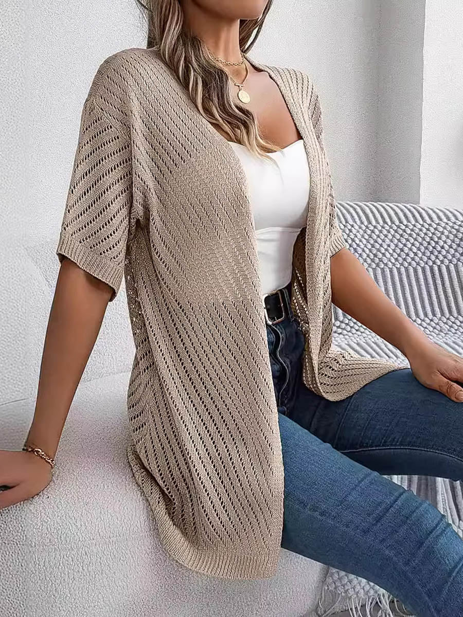 Half Sleeves Loose Hollow Solid Color Cardigan Tops