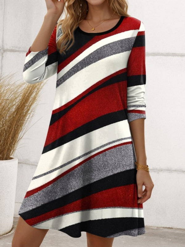 A-Line Irregularity Asymmetric Printed Split-Joint Striped Round-Neck Midi Dresses