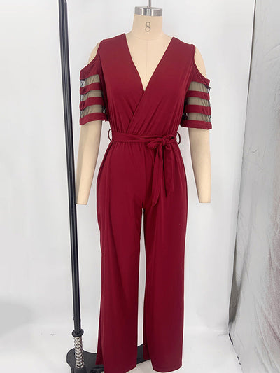 High Waisted Loose Hollow Mesh Solid Color Tied Waist V-Neck Jumpsuits