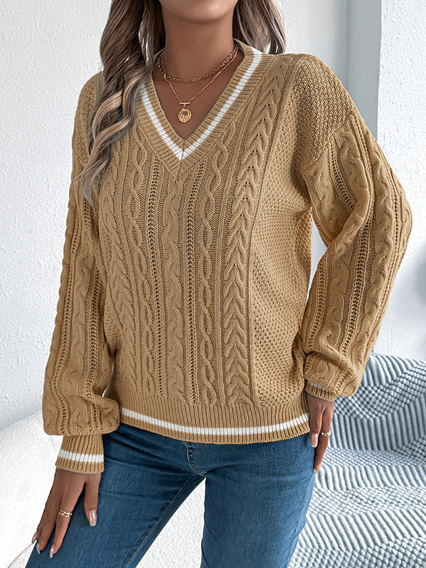 Long Sleeves Puff Sleeves Cable Knit Contrast Color Split-Joint V-Neck Knit Top Sweater Tops