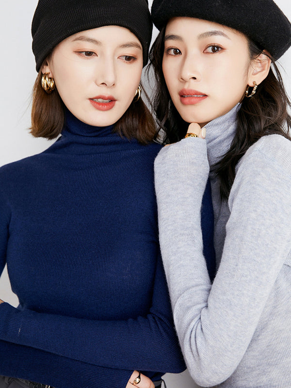 Simple Skinny Long Sleeves Solid Color High-Neck Sweater Tops Pullovers