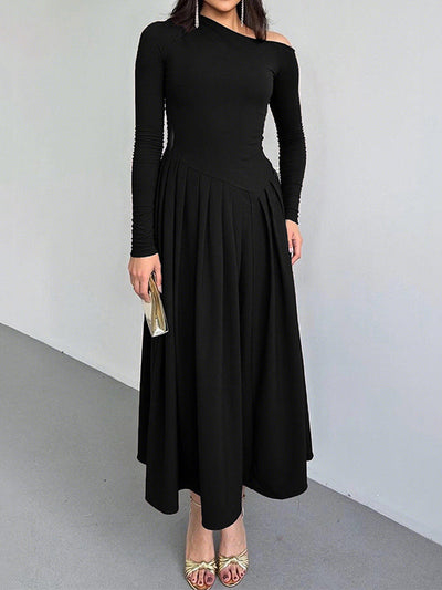 A-Line Bodycon Asymmetric Pleated Solid Color Split-Joint One-Shoulder Maxi Dresses