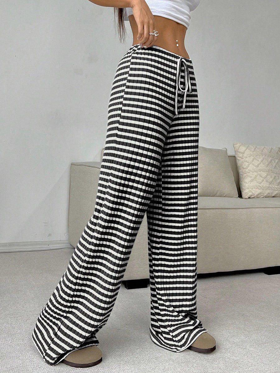 Elasticated Waist High Waisted Contrast Color Drawstring Split-Joint Striped Pants