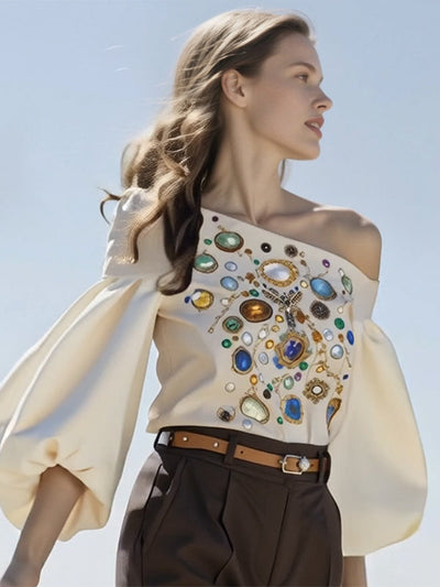 Long Sleeves Puff Sleeves Printed Off-The-Shoulder Blouses&Shirts Tops