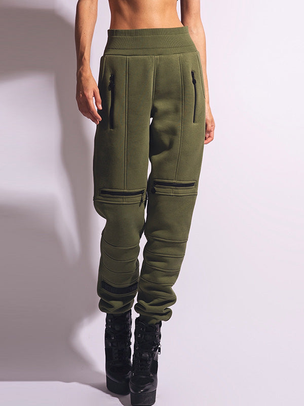 Stylish High-Waisted Solid Color Zipper Casual Sports Pants