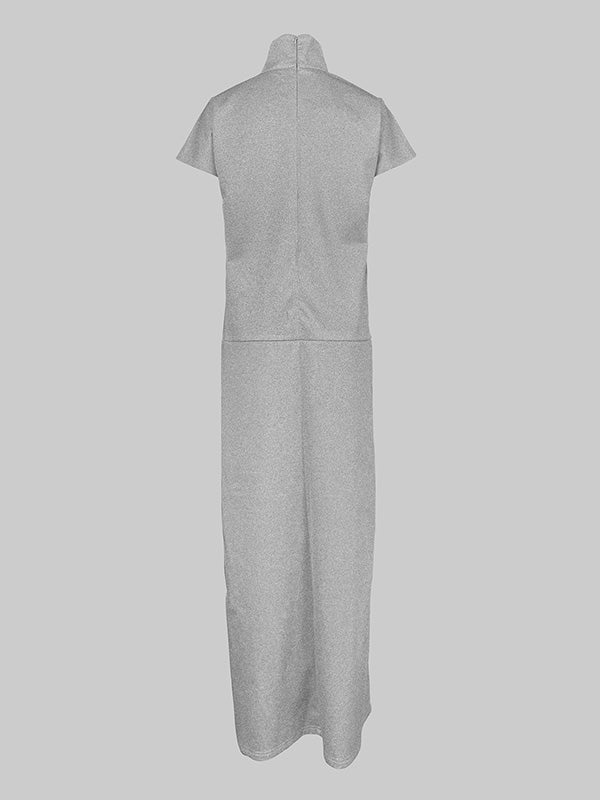 Loose Short Sleeves Solid Color Split-Joint High Neck Maxi Dresses