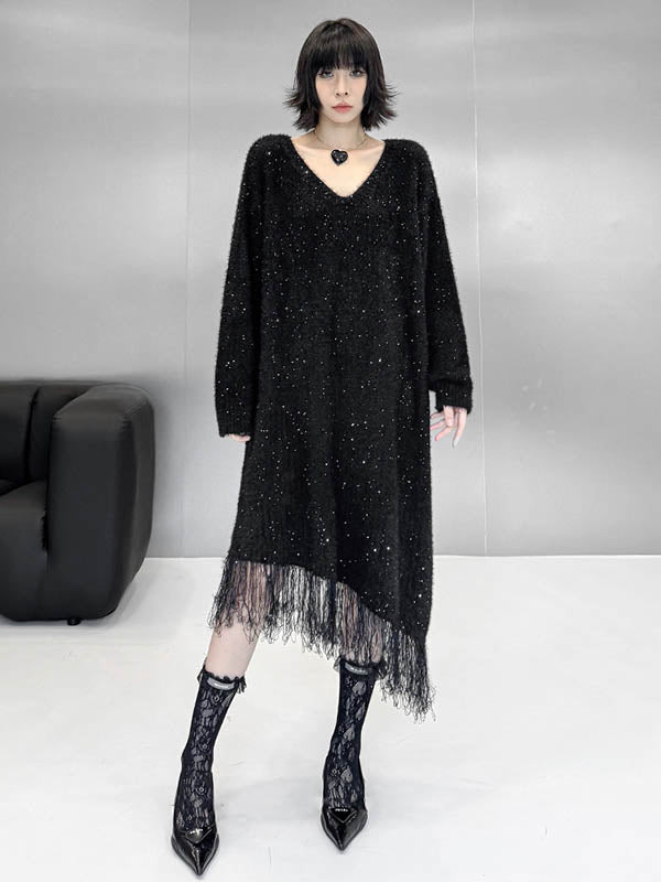 Irregularity Long Sleeves Contrast Color Sequined Shiny Split-Joint Tasseled V-Neck Midi Dresses Sweater Dresses
