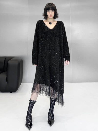 Irregularity Long Sleeves Contrast Color Sequined Shiny Split-Joint Tasseled V-Neck Midi Dresses Sweater Dresses
