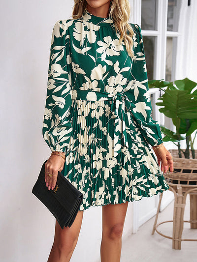 High Waisted Long Sleeves Flower Print Pleated Tied Waist Mock Neck Mini Dresses