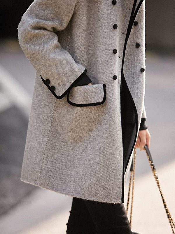 Long Sleeves Loose Buttoned Pockets Split-Joint Lapel Woolen Coat