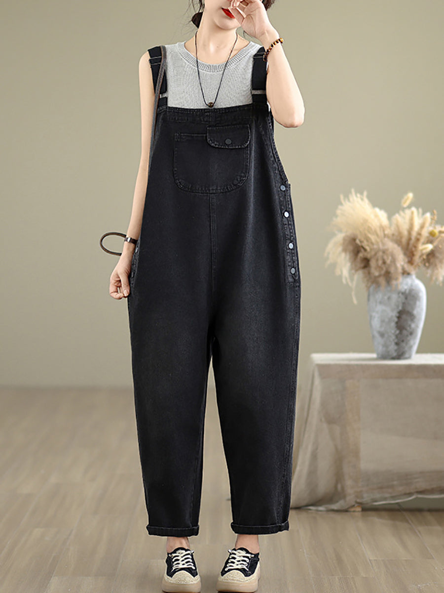 Women Summer Casual Pure Color Denim Loose Jumpsuits