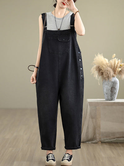 Women Summer Casual Pure Color Denim Loose Jumpsuits
