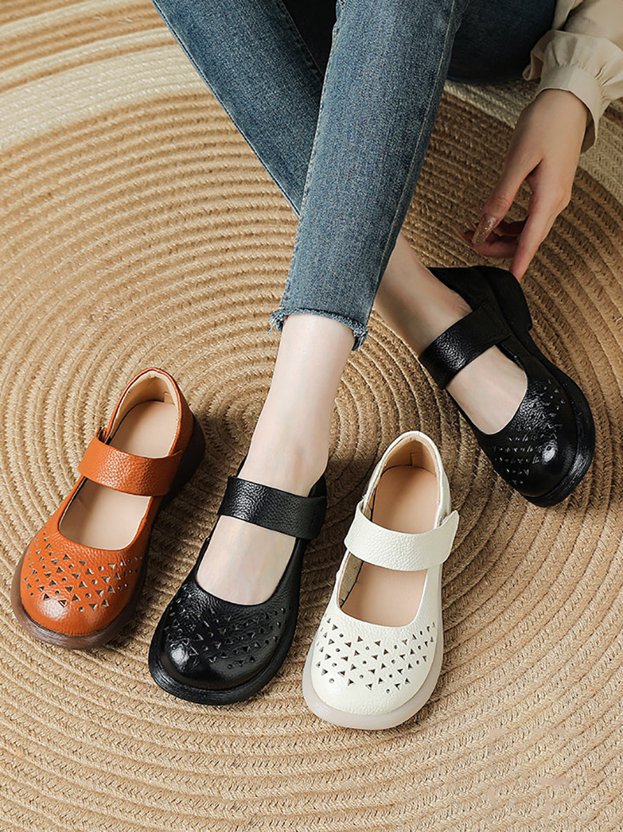 Women Vintage Summer Leather Hollow Out Platfrom Shoes